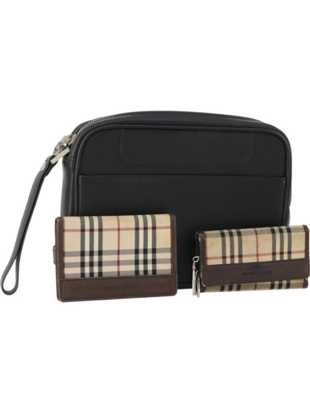 BURBERRY Nova Check Pouch Canvas Leather 3 Set Beige Black